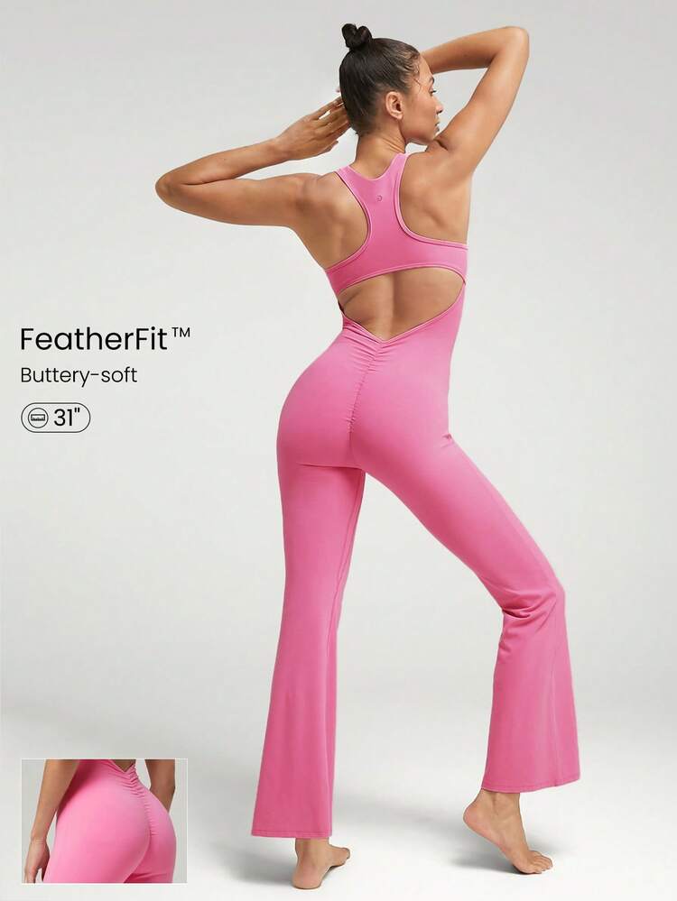 31" FeatherFit™ Racerback V-Shaped Scrunch Hip Cutout Back Jumpsuit Bodysuit Low Impact Yoga Pilates Daily