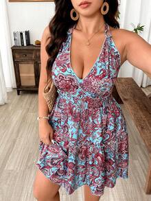 Weeklong Plus Size Women's Light Blue Summer Boho Vacation Casual Retro Floral Print Backless Spaghetti Strap Mid-Length Dress With Bow Tie, Spring Vacation - Multicolor - View 4