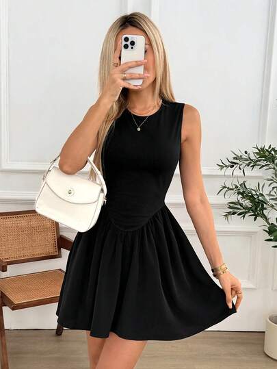 Easowa 无袖圆领修身低腰褶皱A字连衣裙，休闲宽松优雅通勤复古风夏季女装