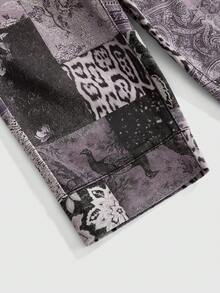 ROMWE Grunge Punk 复古豹纹和花卉印花 Y2K 风格修身牛仔短裤 - 淡紫色 - 查看 4