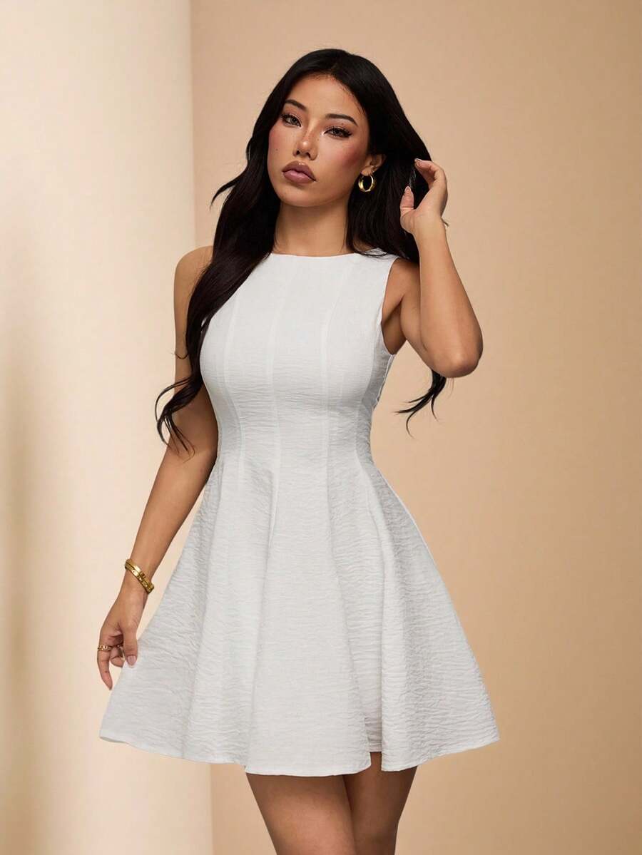 SHEIN PETITE Women's Elegant Fitted Waist Solid White Pleated Mini Dress,Summer Dresses For Women