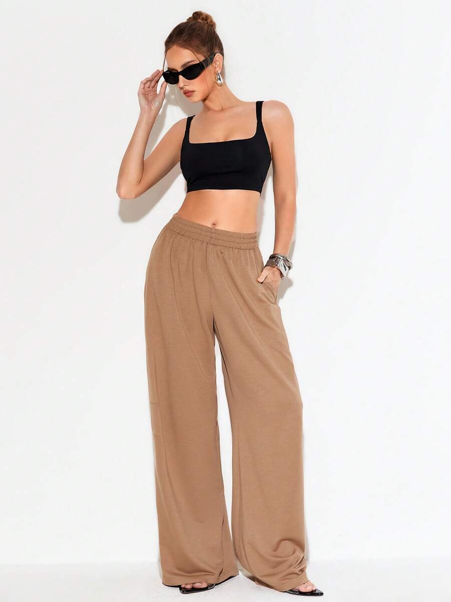 Femmeiva Women's Casual Girlisim Sports Solid Color Elastic Waist Slant Pocket Sweatpants Golf Pastal Summer - Brown - View 1