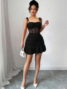 GlowEve 新款吊带针织拼接网纱优雅性感迷你连衣裙，适合约会和派对 - 黑色 - 查看 7
