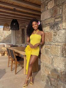 SHEIN BamGlam Bộ hai món hình sao biển ba chiều khoét rỗng gợi cảm mới năm 2026, họa tiết hoa. - Màu vàng - Xem 8