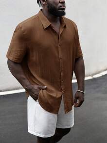 EASEVO Plus Size Men's Woven Single-Breasted Casual Short Sleeve Shirt, Suitable For Commuting And Daily Wear - Brown - View 5