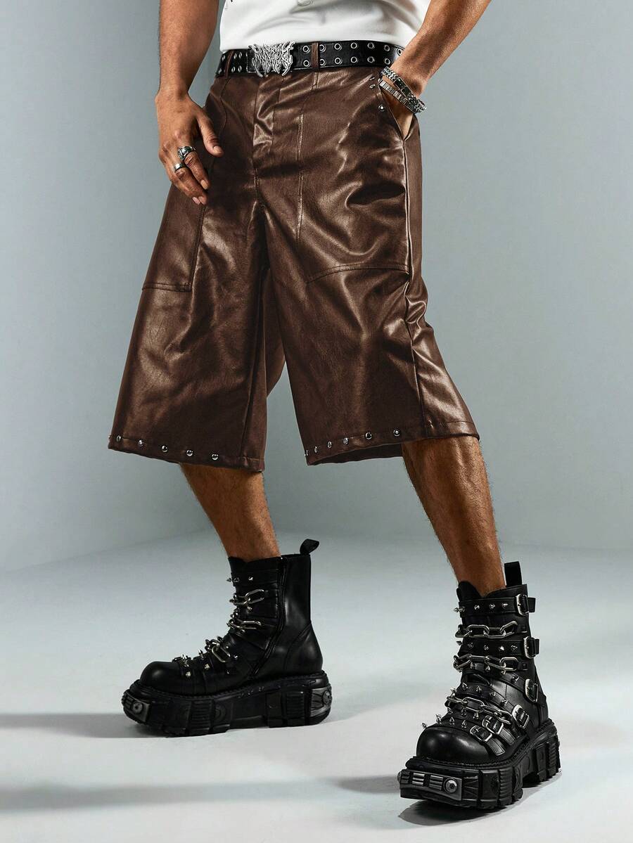ROMWE MEN Street Life Men's PU Leather Solid Color Slant Pocket Casual Shorts - Brown - View 1