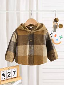 SHEIN Baby Boy/Girl Casual Plaid Patchwork Woven Cardigan Shacket - Khaki - View 3