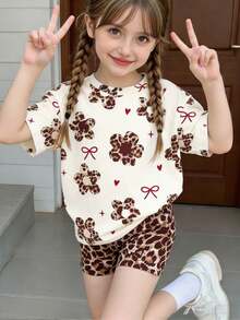 2件套，适合4-7岁女童，豹纹花卉蝴蝶结印花撞色圆领短袖上衣+豹纹短裤，时尚休闲套装，适合日常穿着、上学、生日派对、儿童节、春夏秋季。 - 彩色 - 查看 1