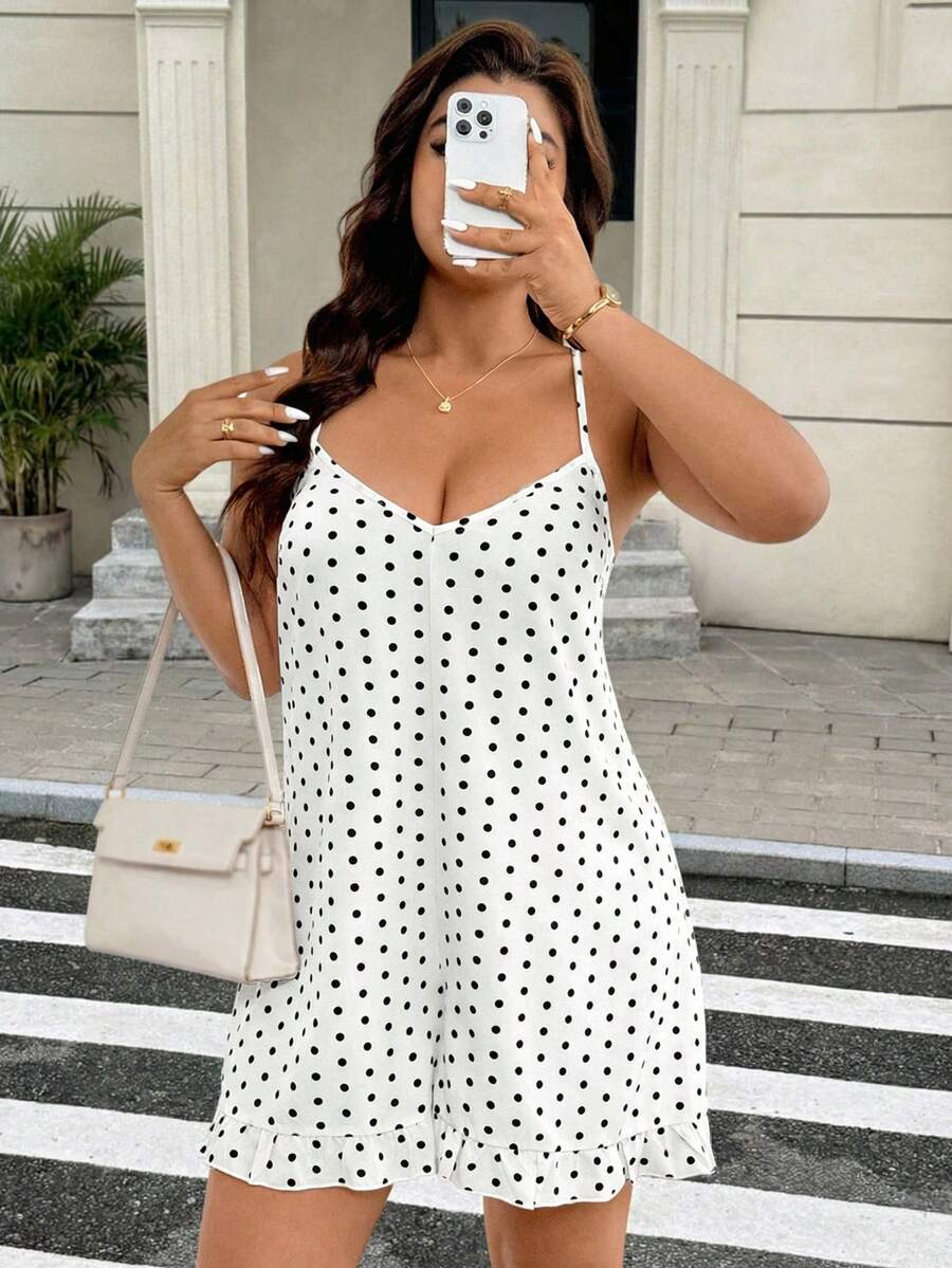 Easura Polka Dot Spaghetti Strap A-Line Ruffle Hem Elegant Vacation Jumpsuit For Women - Black and White - View 1