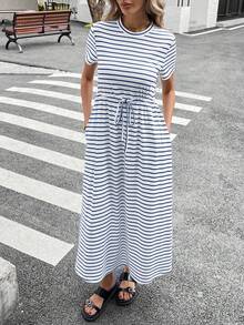SHEIN Essnce 大码女式休闲连衣裙，短袖连衣裙，条纹连衣裙，女士夏季服装，毕业礼服，外出服装 - 藍色 - 查看 6