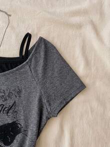Teen Girl Casual Retro Print 2 In 1 Short Sleeve T-Shirt - Dark Grey - View 4