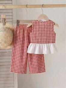 SHEIN Playful Pals 2件套女婴幼儿/新生儿0-3岁春夏休闲甜美日常度假条纹梭织无袖上衣和阔腿裤两件套 - 紅色 - 查看 2