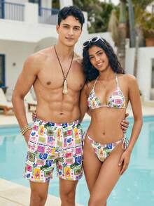 Azuldrift Pantalones cortos de playa casuales con estampado de todo el Body y cordón en la cintura para hombres - Azul y blanco - Ver 2