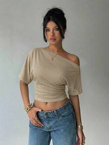 Aloruh Áo kiểu dáng rộng rãi, lệch vai, thắt eo, áo thun cơ bản tối giản. - Màu Khaki - Xem 6