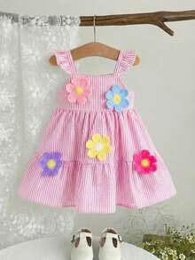 SHEIN Baby Girl Summer Casual Striped Dress With 3D Floral Decor - Pink - View 3