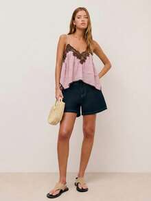 Nöista Áo hai dây phối ren màu xanh hải quân dọc theo đường viền cổ và gấu áo, dây đeo có thể điều chỉnh ở phía sau. Thích hợp cho mùa xuân, hè, phong cách boho, lễ hội, dành cho nữ. - Hồng - Xem 5