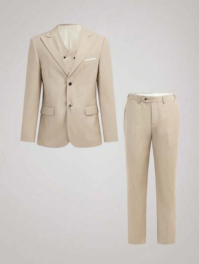 Officeau Bộ vest 3 món thời trang nam màu trơn mới ôm vừa vặn co giãn, gồm áo vest hai hàng khuy, quần dài, trang phục công sở/trang trọng, bộ vest dự tiệc