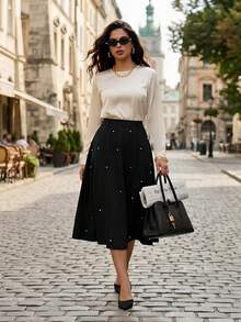 GlowEve CURVE Plus Size Women Elegant Casual Pearl Decor Skirt - Black - View 3
