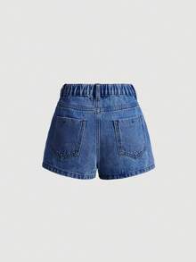 SHEIN Girlism Tween Girls Light Blue Washed Denim Asymmetrical Button Skort And Shorts, Summer Y2K Vacation - Dark Wash - View 2