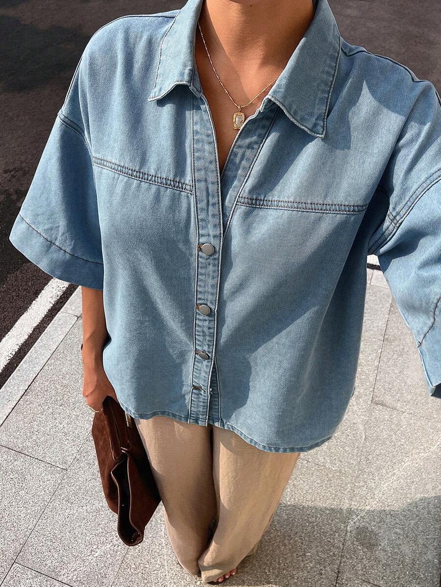 Livesso Áo kiểu tay dài dáng rộng phối màu trắng đen kẻ sọc, thích hợp cho nữ, kiểu dáng công sở, du lịch, đường phố, có thắt lưng kim loại điều chỉnh được, phù hợp cho mùa thu và xuân. - Màu xanh lam - Xem 1