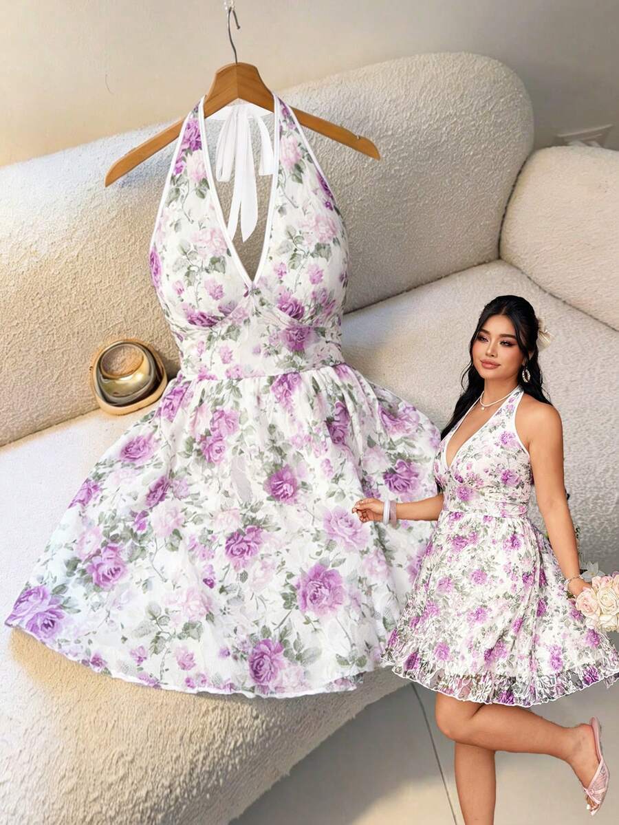 Celure Elegantes Damen Kleid mit Blume Muster und Taillengürtel - Weiss - Übersicht 1