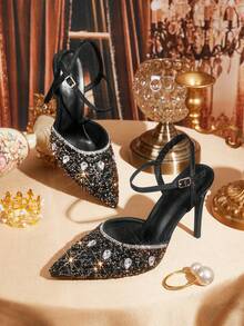 CUCCOO TILAWA Women's High-Heeled Shoes Fashion Closed Toe Pearl Decoration Pointed Stiletto Sandals Elegant, Essential For Going Out, Parties And Banquets Summer Shoes - Black - View 1