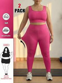 SHEIN CURVE+ 大码女式休闲夏季套装 女式休闲套装 女式背心和打底裤套装 女式运动套装 两件套，吸湿速干高弹面料裤子两件套 - 玫紅色 - 查看 2