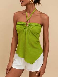 Travachic Top halter con textura de punto jacquard y decoración dorada - Verde militar - Ver 6