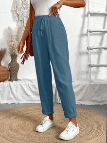 EMERY ROSE Quần Jogger thông thường có dây rút màu trơn - Màu xanh bụi bặm - Xem 3