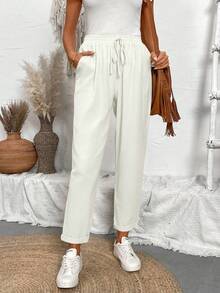 Breezaya Women's Drawstring Waist Simple And Casual Pants With Slanted Pockets - White - View 4