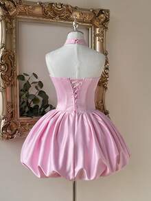 Lovelzi Đầm ngắn trễ vai cổ yếm thanh lịch, ngọt ngào với thiết kế eo có gọng và dây buộc phía sau có thể điều chỉnh, phù hợp cho nhiều dịp khác nhau như dự tiệc cocktail, làm người mẫu thời trang và dự tiệc trang trọng. - Hồng - Xem 3