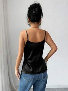 SHEIN Tall Women's Elegant Lace Ribbed Turtleneck Camisole - Black - View 2