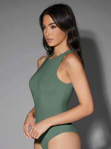 Silquee Bodysuit Wanita Polos Kasual dengan Kerah Bulat - Cadet Blue - View 5