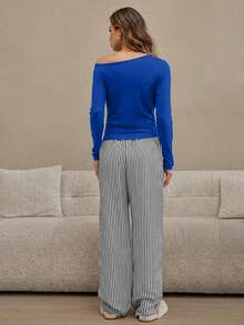 HautHeat Women's Solid Color Asymmetric Neck Long Sleeve Top And Striped Pants Pajama Set - Blue - View 2