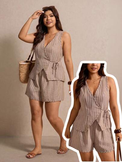 Elaquor Plus Size 2-Piece Set: V-Neck Sleeveless Striped Shirt & Shorts, Elegant Office Outfit, Shirt & Shorts Set, Striped Shorts, Striped Shirt, Tie-Up Shirt, Business Commuter Suit