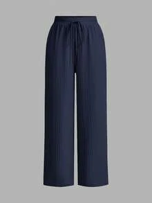 SHEIN Essnce 大码女装春夏时尚休闲宽松舒适日常百搭基础款纹理面料弹力腰阔腿裤，多种颜色3条装，女式下装，春季女装，简约风格 - 彩色 - 查看 3