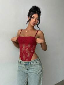 Aloruh 女士蕾丝露背性感连体衣 - 酒紅色 - 查看 3