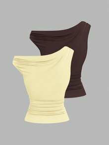 Sweetra 2pcs/Set Asymmetric Collar Fitted T-Shirt, Versatile Casual Top, Spring/Summer - Multicolor - View 2