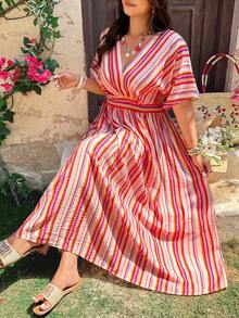 Vionelle Plus Size Orange V-Neck Cinched Waist Dress,Summer,Boho,Vacation,Holiday Women Resort Wear Beach Vacation Cover Up Cabo Outfits Beachwear - Multicolor - View 7