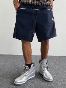 PAVTROS Men's Graphic Print Contrast Trim Drawstring Waist Shorts - Navy Blue - View 4
