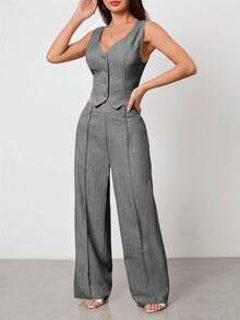 SHEIN PETITE Women's Summer Commuter Striped Sleeveless Button-Front Vest And Casual Pants Set,Vacation Outfits Women - Light Grey - View 6