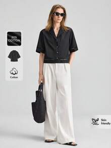 Ontre 2026春夏女士黑色衬衫，舒适柔软梭织面料，翻领，短袖，纽扣开合，宽松版型，蕾丝拼接，镂空设计，现代都市时尚商务休闲OL上衣，高品质春夏服装 - 黑色 - 查看 2