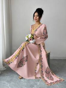 Elenzga 新款春夏波西米亚风中东复古印花V领收腰蝙蝠袖长款睡袍，饰有金色滚边 - 粉色 - 查看 5