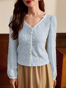 Vintamour Chemise décontractée de vacances à boutons avec empiècement texturé jacquard floral élégant vintage pour femmes. Vêtements d'automne, tenues d'automne, vêtements d'hiver, vêtements de Noël, blouses élégantes pour femmes, tenues de Noël pour femmes - Bleu ciel - Voir 7