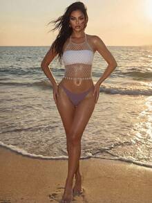 SHEIN Swim Women's Rhinestone Fishnet Sexy Backless With Top With Pear Decor Swimming White Summer - White - View 1