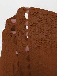 Sunnyshic Women Summer Chocolate Brown Off-Shoulder Knit Crochet Sweaters,Autumn Smart Casual Hollow Out Drawstring Ruffle Waist-Defining Plus Size Vacation Top - Coffee Brown - View 8
