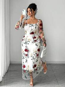 SHEIN Elenzya Plus Size Women's Square Neck Transparent Floral Embroidery Random Lace Elegant Dress, Suitable For Parties, Formal Occasions, Spring/Summer Vacation, Graduation Season, Wedding Season - Multicolor - View 1