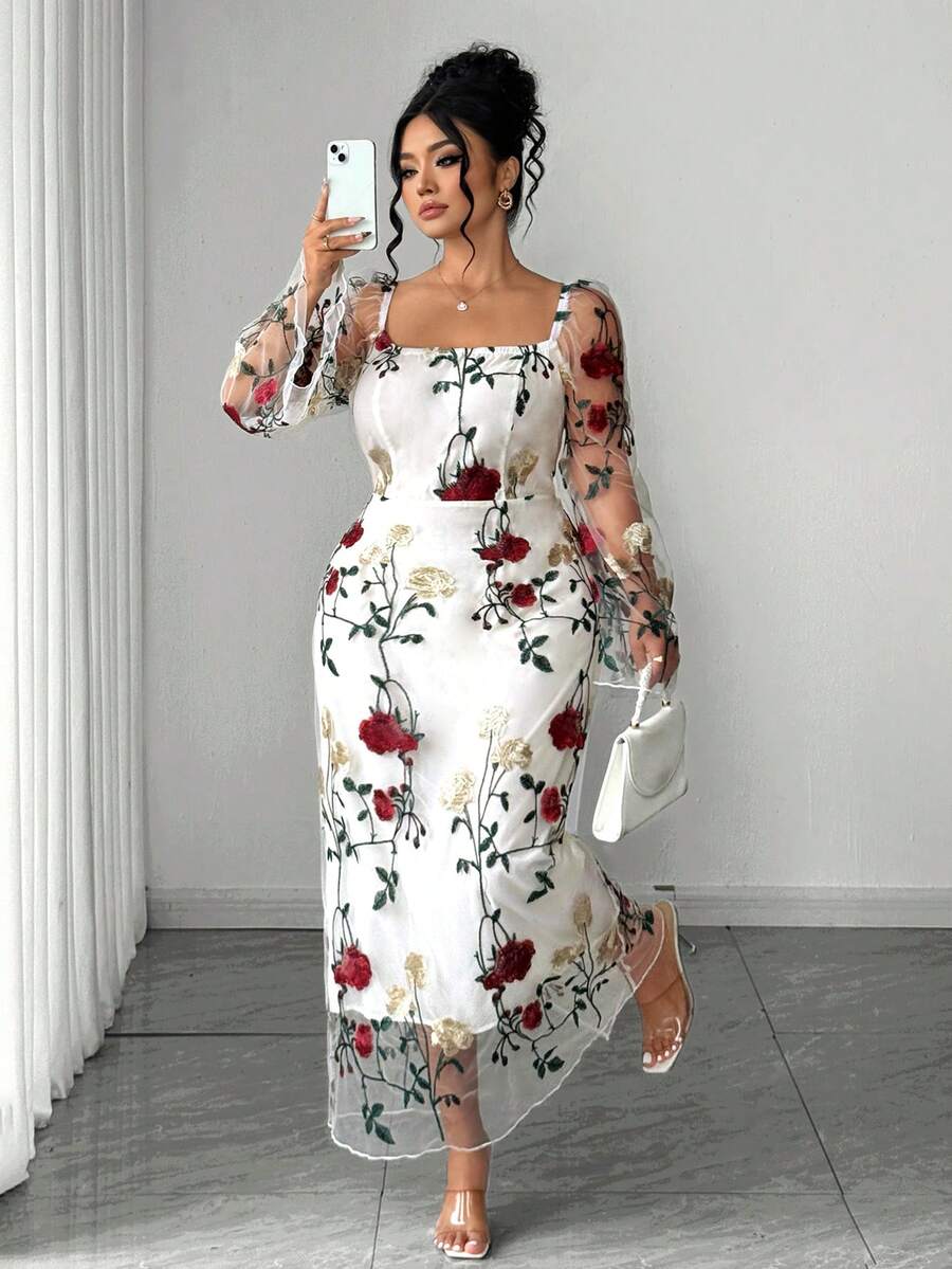 SHEIN Elenzya Plus Size Women's Square Neck Transparent Floral Embroidery Random Lace Elegant Dress, Suitable For Parties, Formal Occasions, Spring/Summer Vacation, Graduation Season, Wedding Season - Multicolor - View 1
