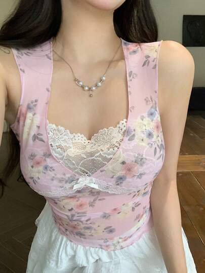 DAZY Spring & Summer Ditsy Floral Hollow Embroidery Lace Patchwork Spaghetti Strap Camisole, Music Festival, Valentine's Day, Wedding, Casual, Beach, Butterfly Tie Up Design For Women