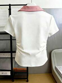 Áo Polo nữ tuổi teen màu hồng và trắng, họa tiết hoa tulip hồng dễ thương, thích hợp cho các buổi đi chơi, mùa xuân, hè, thu, phối đồ hàng ngày, dáng ôm ngắn. - Hồng - Xem 2